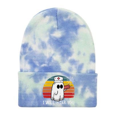 Funny Halloween Nurse Ghost I Will Stab You Retro Gift Tie Dye 12in Knit Beanie