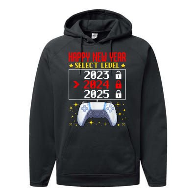 Funny Happy New Year Select Level 2024 Gaming Controller Gift Husband Boyfriend Performance Fleece Hoodie