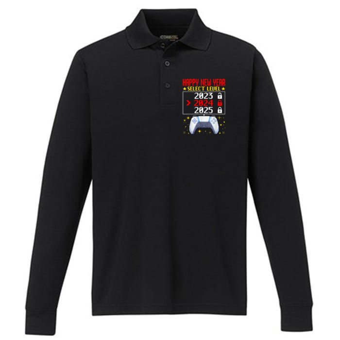 Funny Happy New Year Select Level 2024 Gaming Controller Gift Husband Boyfriend Performance Long Sleeve Polo