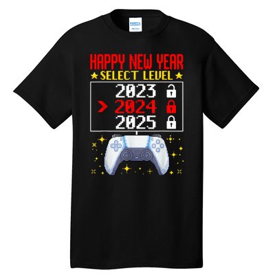 Funny Happy New Year Select Level 2024 Gaming Controller Gift Husband Boyfriend Tall T-Shirt