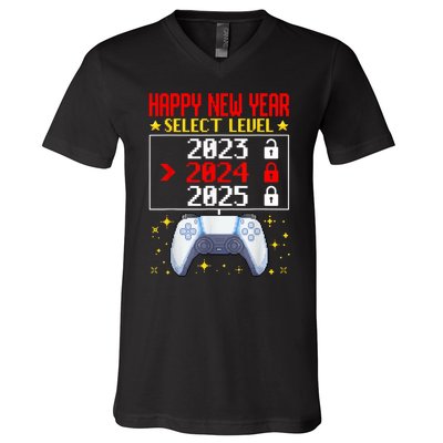 Funny Happy New Year Select Level 2024 Gaming Controller Gift Husband Boyfriend V-Neck T-Shirt