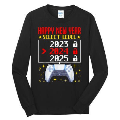 Funny Happy New Year Select Level 2024 Gaming Controller Gift Husband Boyfriend Tall Long Sleeve T-Shirt