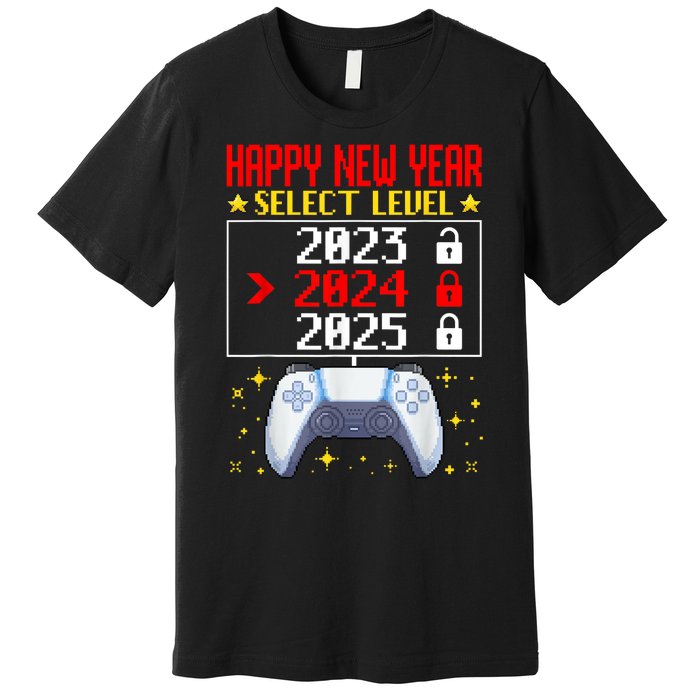 Funny Happy New Year Select Level 2024 Gaming Controller Gift Husband Boyfriend Premium T-Shirt