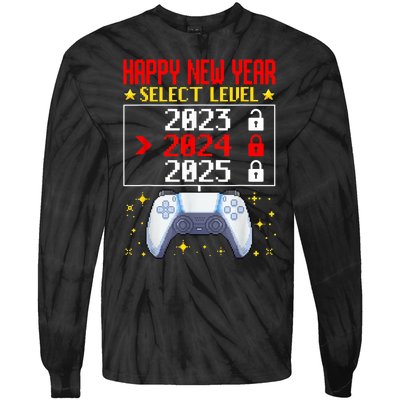 Funny Happy New Year Select Level 2024 Gaming Controller Gift Husband Boyfriend Tie-Dye Long Sleeve Shirt