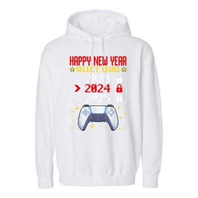 Funny Happy New Year Select Level 2024 Gaming Controller Gift Husband Boyfriend Garment-Dyed Fleece Hoodie