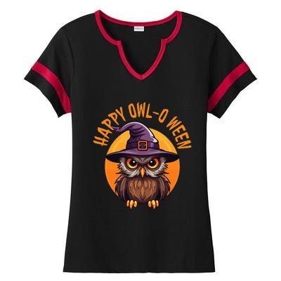 Funny Halloween Owl Design Happy Owloween For Bird Lovers Ladies Halftime Notch Neck Tee