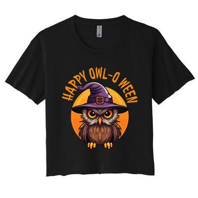 Funny Halloween Owl Design Happy Owloween For Bird Lovers Women's Crop Top Tee