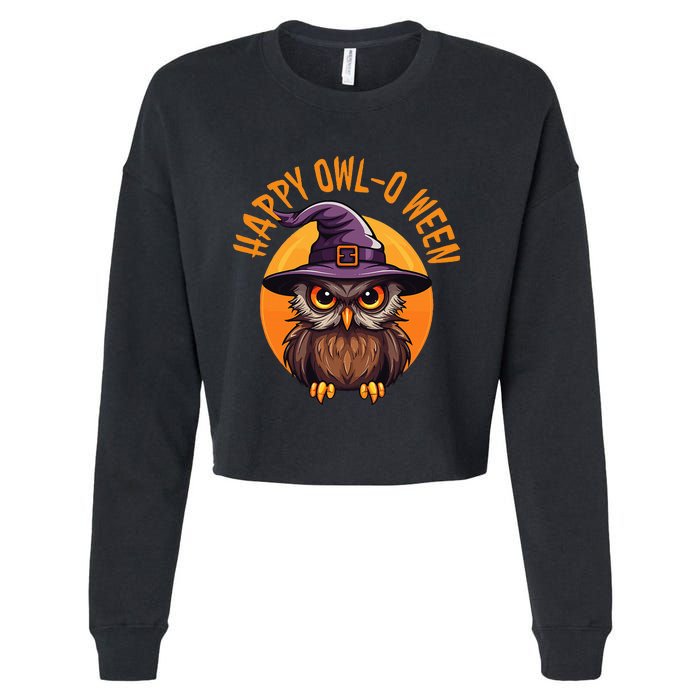 Funny Halloween Owl Design Happy Owloween For Bird Lovers Cropped Pullover Crew