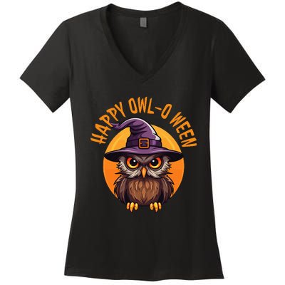 Funny Halloween Owl Design Happy Owloween For Bird Lovers Women's V-Neck T-Shirt