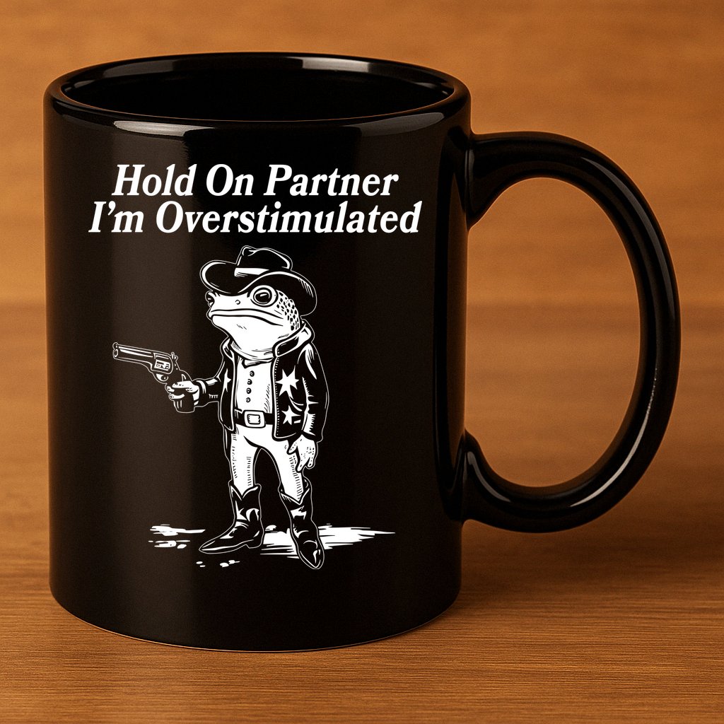 Funny Hold On Partner Im Overstimulated Western Cowboy Frog Toad 11oz C Handle Ceramic Mug