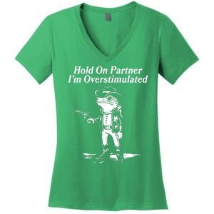 Funny Hold On Partner Im Overstimulated Western Cowboy Frog Toad Women's V-Neck T-Shirt