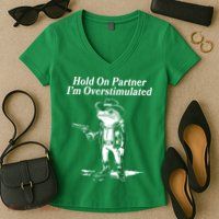 Funny Hold On Partner Im Overstimulated Western Cowboy Frog Toad Women's V-Neck T-Shirt