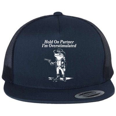 Funny Hold On Partner Im Overstimulated Western Cowboy Frog Toad Flat Bill Trucker Hat