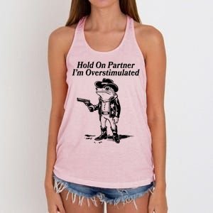 Funny Hold On Partner Im Overstimulated Western Cowboy Frog Toad Women's Knotted Racerback Tank