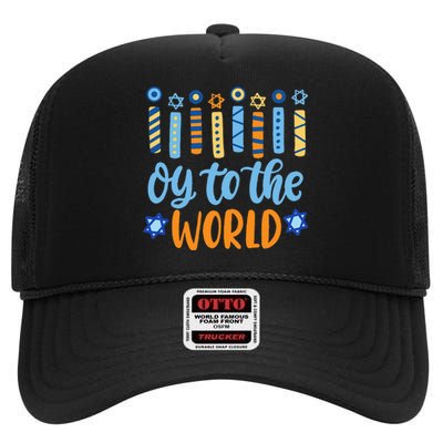 Funny Hanukkah Oy To The World Menorah High Crown Mesh Back Trucker Hat