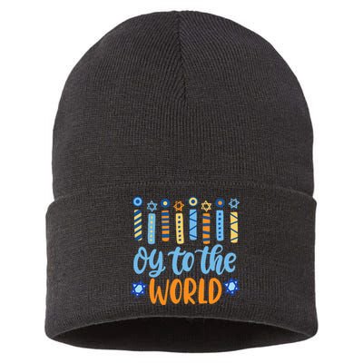 Funny Hanukkah Oy To The World Menorah Sustainable Knit Beanie