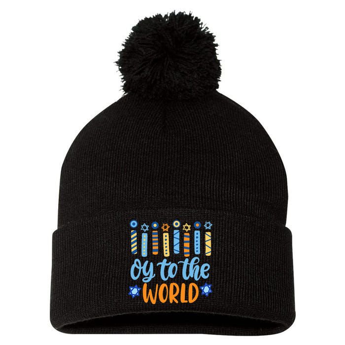 Funny Hanukkah Oy To The World Menorah Pom Pom 12in Knit Beanie