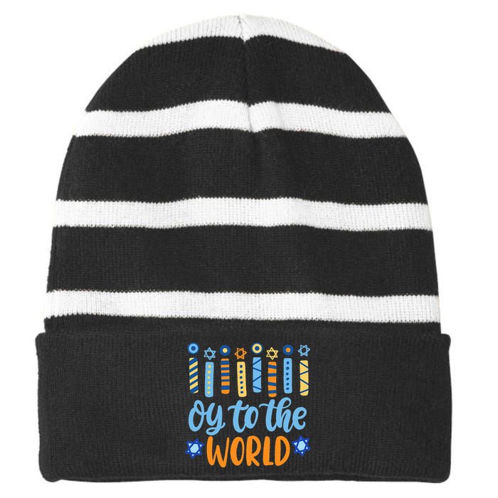 Funny Hanukkah Oy To The World Menorah Striped Beanie with Solid Band