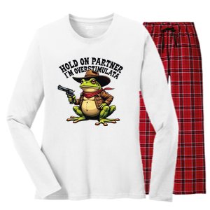 Funny Hold On Partner IM Overstimulated Cowboy Frog Western Women's Long Sleeve Flannel Pajama Set 