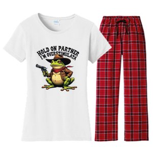 Funny Hold On Partner IM Overstimulated Cowboy Frog Western Women's Flannel Pajama Set