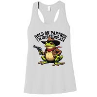 Funny Hold On Partner IM Overstimulated Cowboy Frog Western Women's Racerback Tank