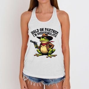 Funny Hold On Partner IM Overstimulated Cowboy Frog Western Women's Knotted Racerback Tank