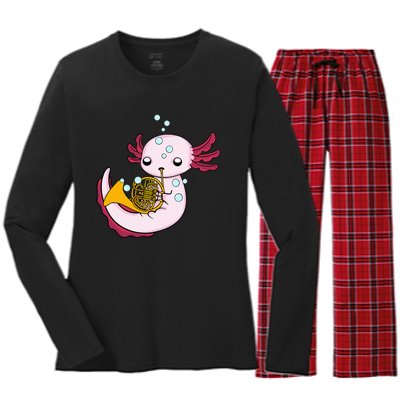 French Horn Player Axolotl Big Band French Horn Women's Long Sleeve Flannel Pajama Set 