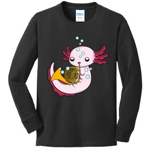 French Horn Player Axolotl Big Band French Horn Kids Long Sleeve Shirt