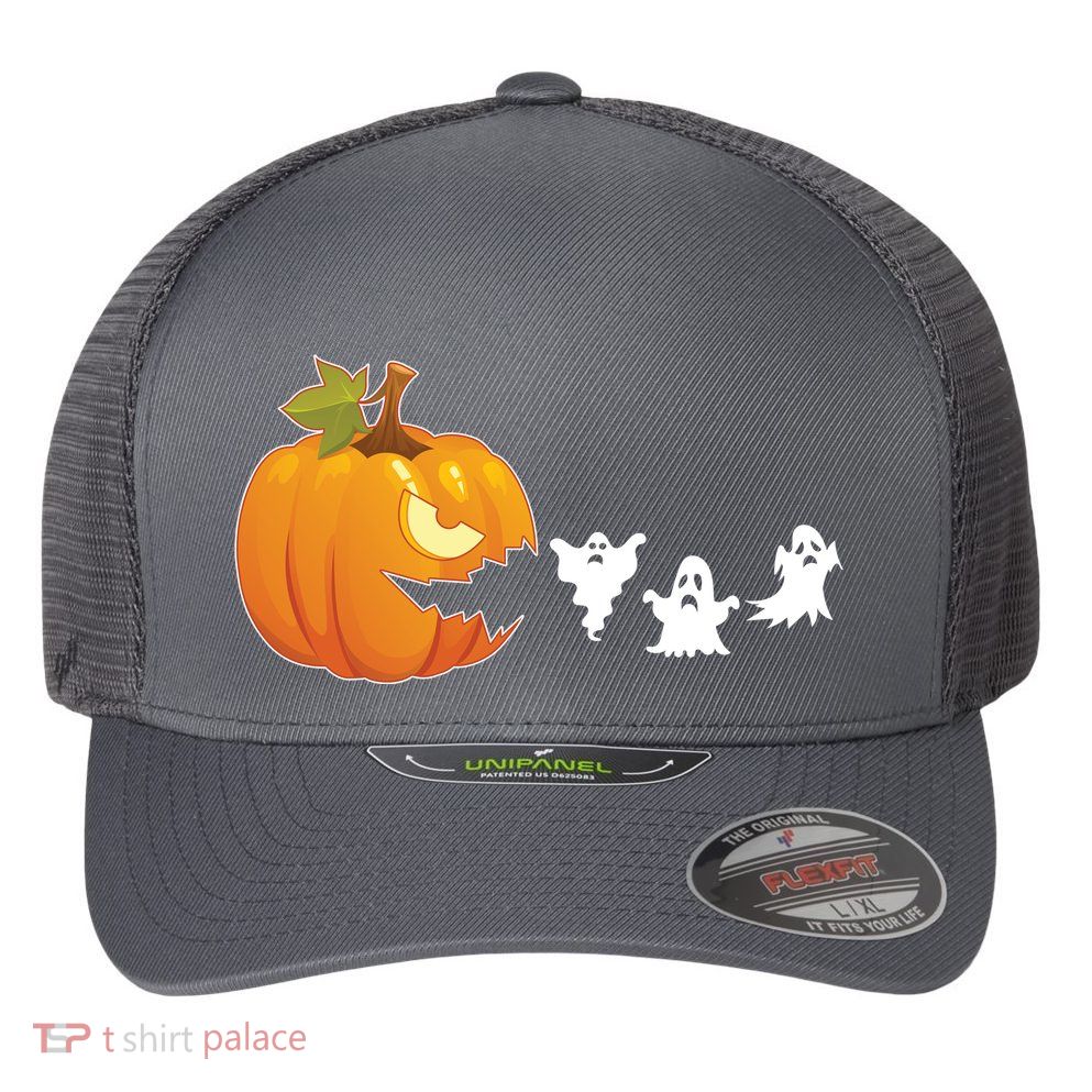 Funny Halloween Pac Man Pumpkin Ghost Flexfit Unipanel Trucker Cap