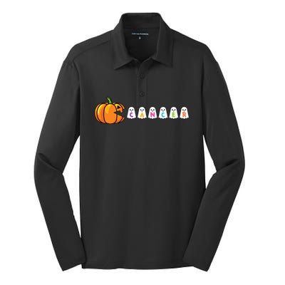 Funny Halloween Pumpkin Eating Ghost Gamer Cancer Warrior Gift Silk Touch Performance Long Sleeve Polo