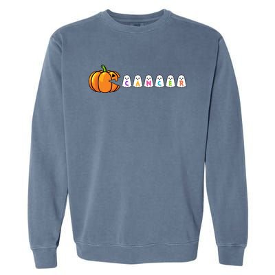 Funny Halloween Pumpkin Eating Ghost Gamer Cancer Warrior Gift Garment-Dyed Sweatshirt