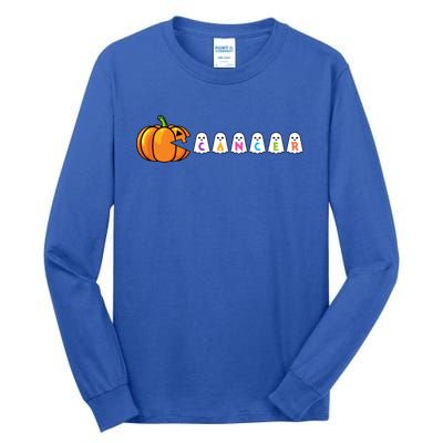 Funny Halloween Pumpkin Eating Ghost Gamer Cancer Warrior Gift Tall Long Sleeve T-Shirt