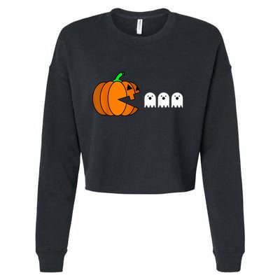 Funny Halloween Pumpkin Eating Ghost Gamer Cropped Pullover Crew