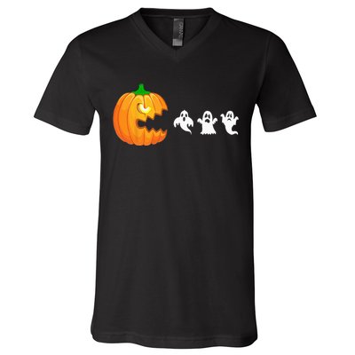 Funny Halloween Pumpkin Eating Ghost Gamer V-Neck T-Shirt