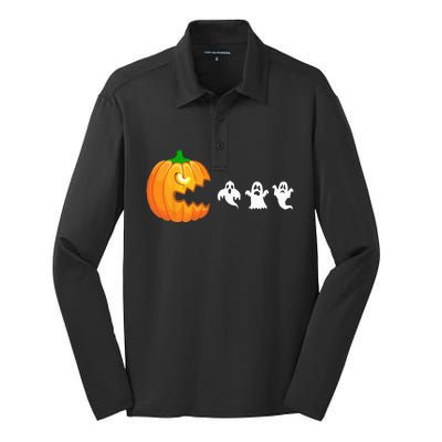 Funny Halloween Pumpkin Eating Ghost Gamer Silk Touch Performance Long Sleeve Polo