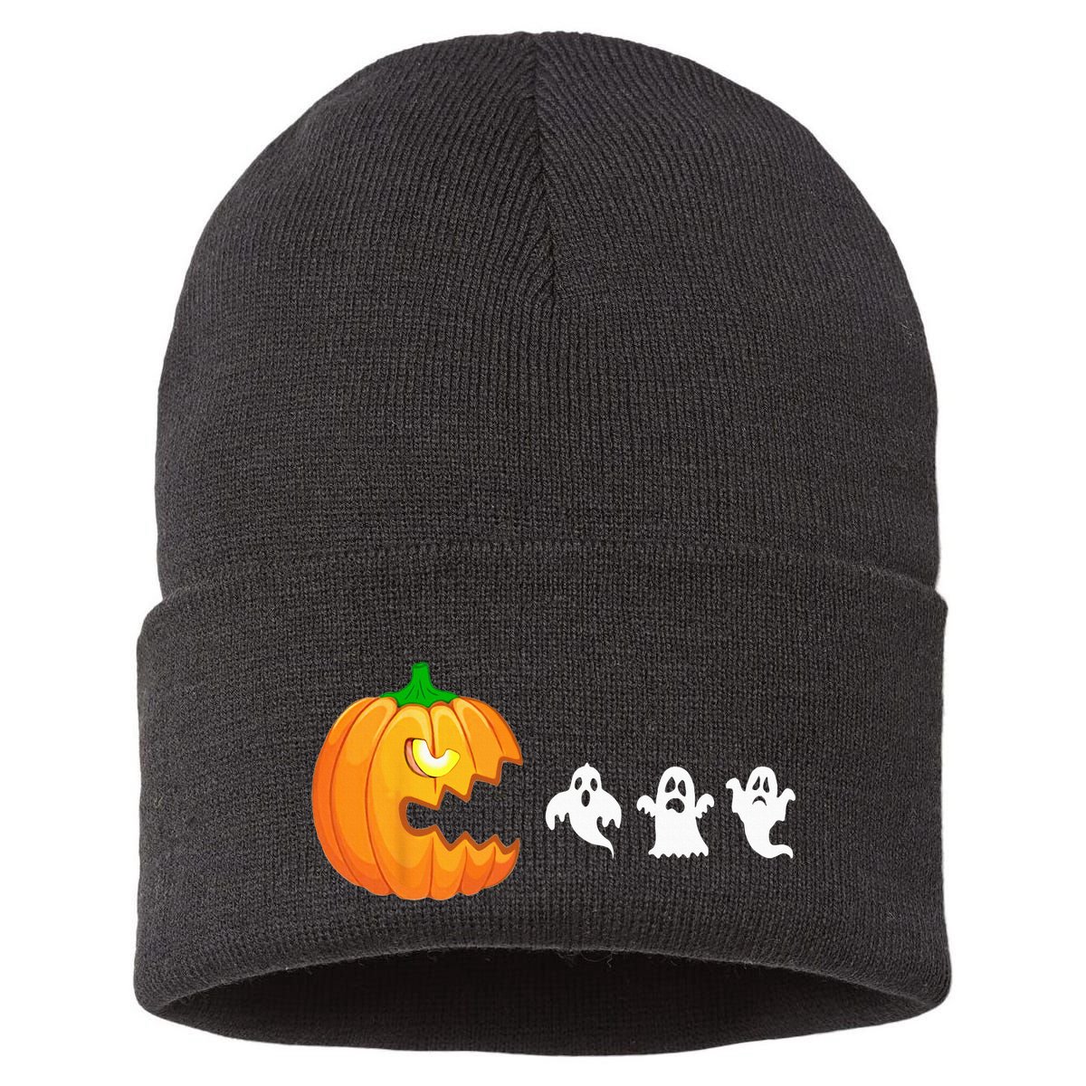Funny Halloween Pumpkin Eating Ghost Gamer Sustainable Knit Beanie