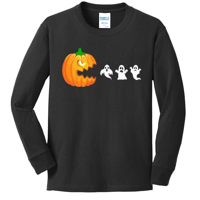 Funny Halloween Pumpkin Eating Ghost Gamer Kids Long Sleeve Shirt