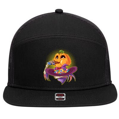 Funny Halloween Pumpkin Head Eating Candy 7 Panel Mesh Trucker Snapback Hat