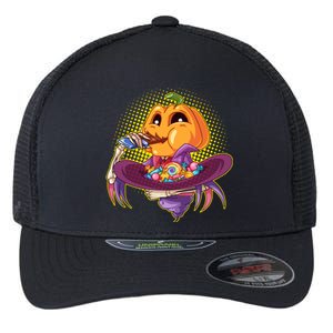 Funny Halloween Pumpkin Head Eating Candy Flexfit Unipanel Trucker Cap