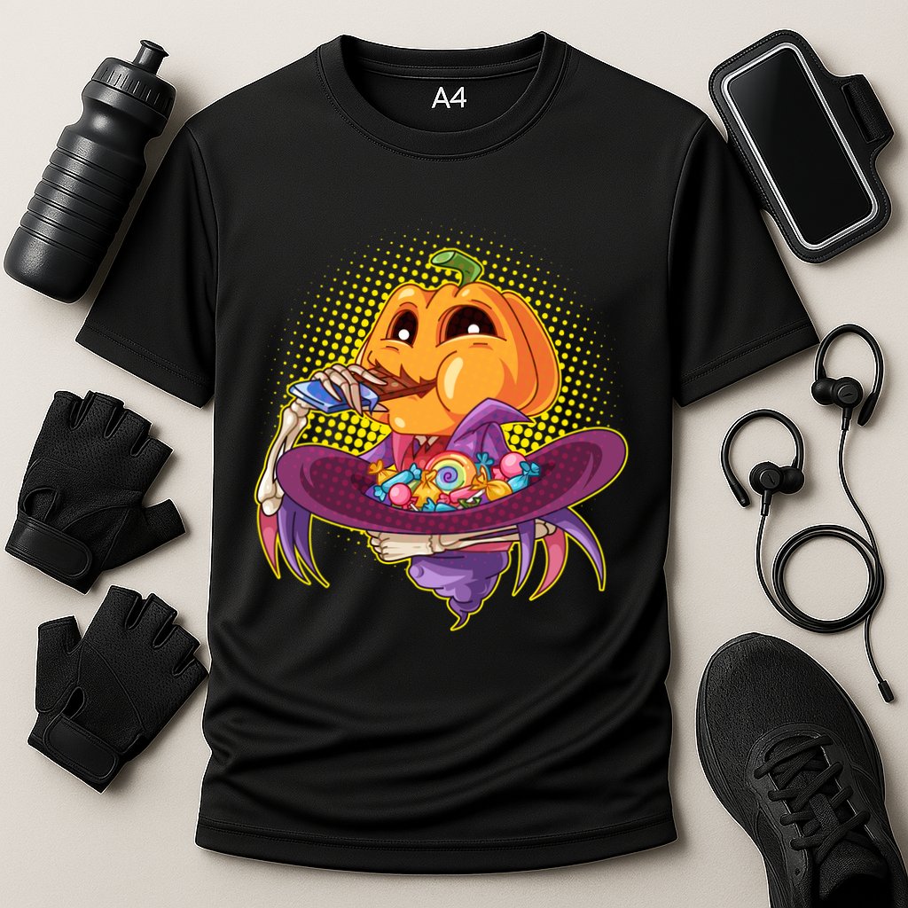 Funny Halloween Pumpkin Head Eating Candy Cooling Performance Crew T-Shirt
