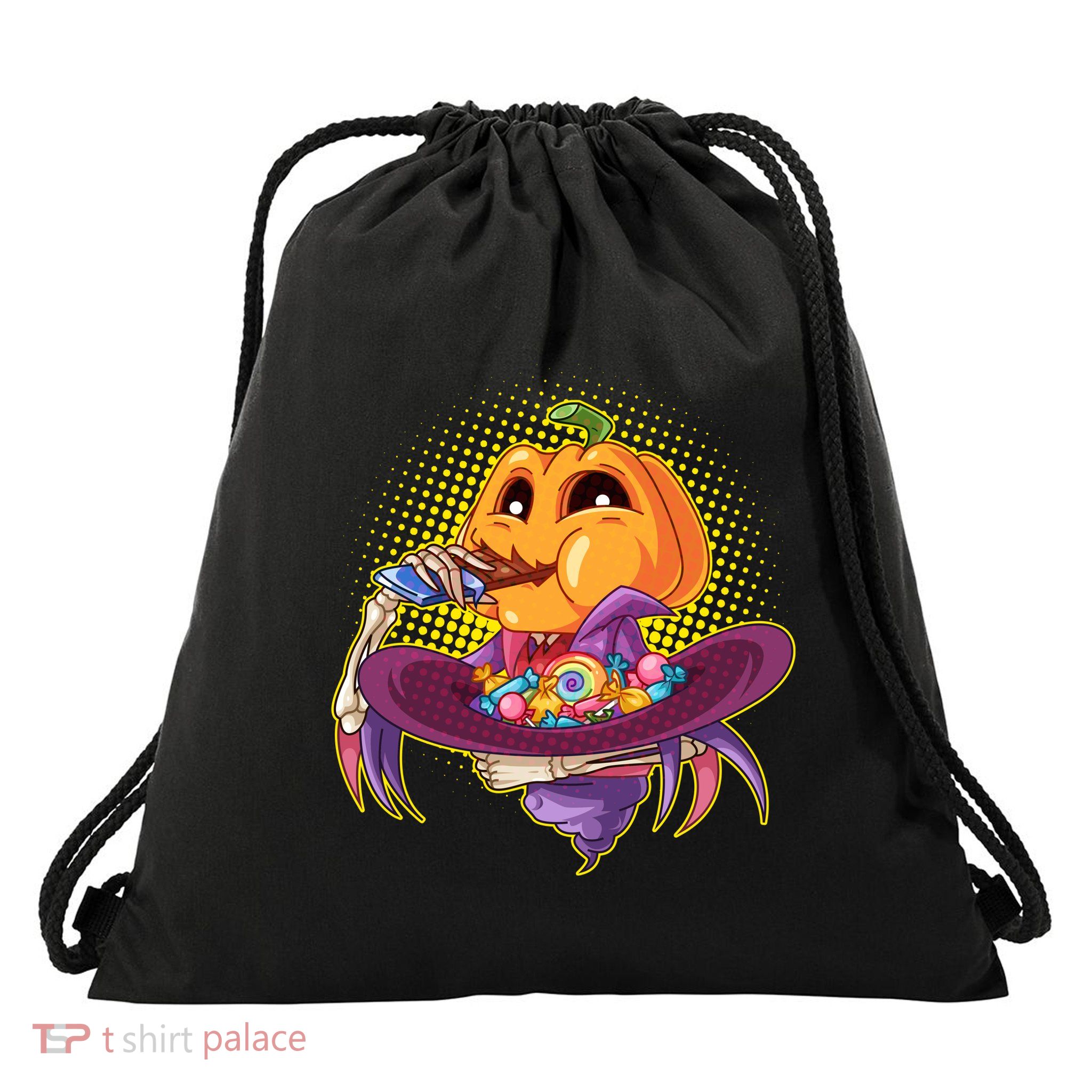 Funny Halloween Pumpkin Head Eating Candy Drawstring Bag