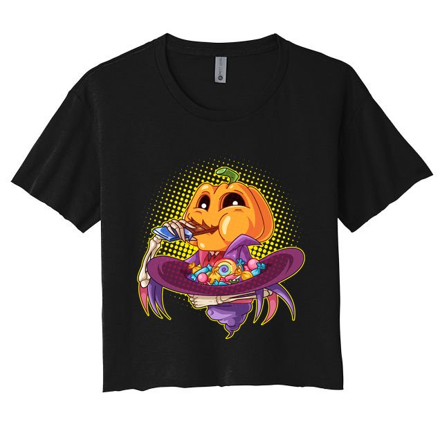 Funny Halloween Pumpkin Head Eating Candy Crop Top