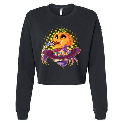 Funny Halloween Pumpkin Head Eating Candy Cropped Pullover Crew
