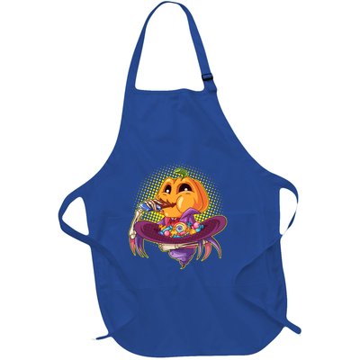 Funny Halloween Pumpkin Head Eating Candy Full-Length Apron With Pockets