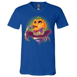 Funny Halloween Pumpkin Head Eating Candy V-Neck T-Shirt