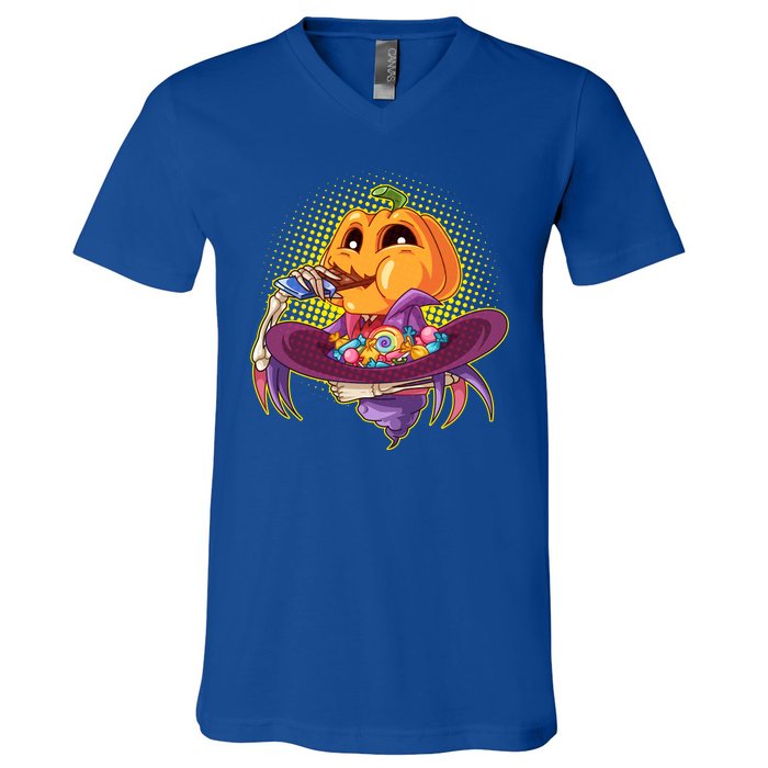 Funny Halloween Pumpkin Head Eating Candy V-Neck T-Shirt