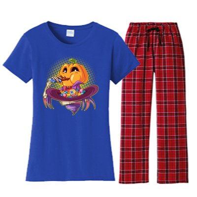 Funny Halloween Pumpkin Head Eating Candy Women's Flannel Pajama Set