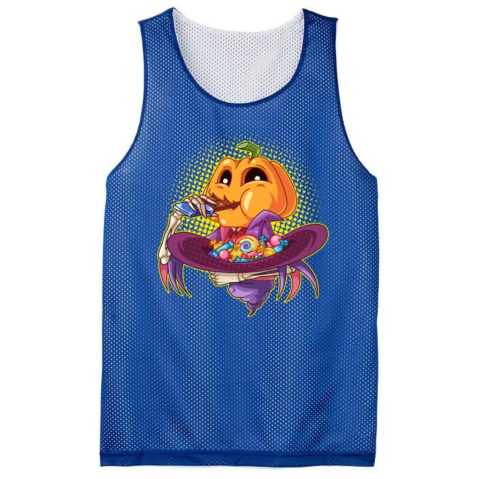 Funny Halloween Pumpkin Head Eating Candy Mesh Reversible Basketball Jersey Tank