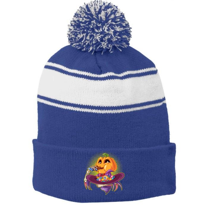 Funny Halloween Pumpkin Head Eating Candy Stripe Pom Pom Beanie