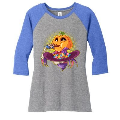 Funny Halloween Pumpkin Head Eating Candy Women's Tri-Blend 3/4-Sleeve Raglan Shirt